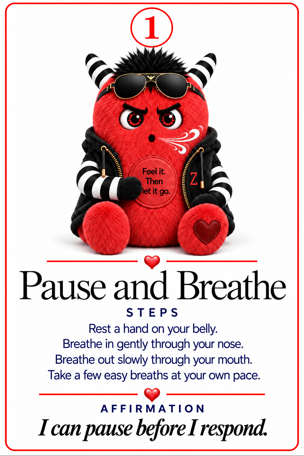 Angry Zinki sample card 1: Pause and Breathe, with activity steps and affirmation