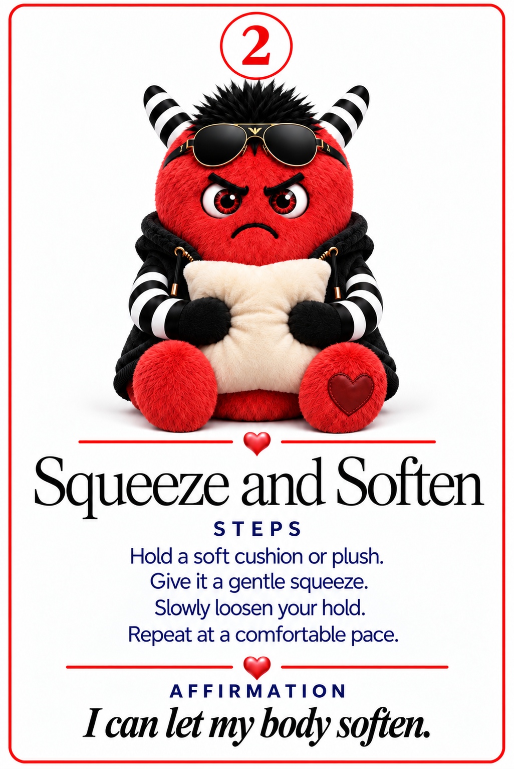 Angry Zinki sample card 2: Squeeze and Soften, with activity steps and affirmation