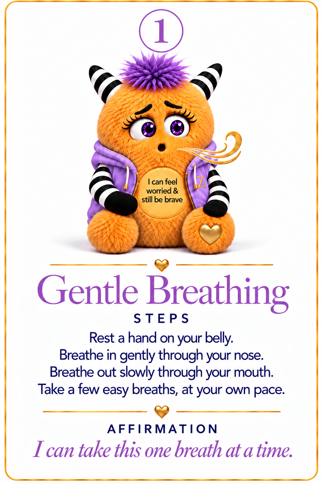 Anxious Zinki sample card 1: Gentle Breathing, with activity steps and affirmation