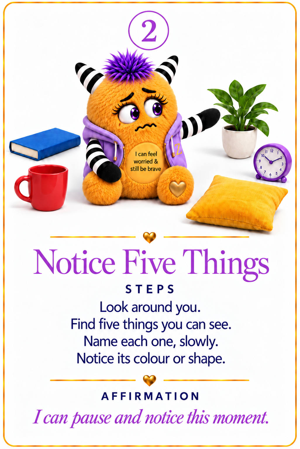 Anxious Zinki sample card 2: Notice Five Things, with activity steps and affirmation