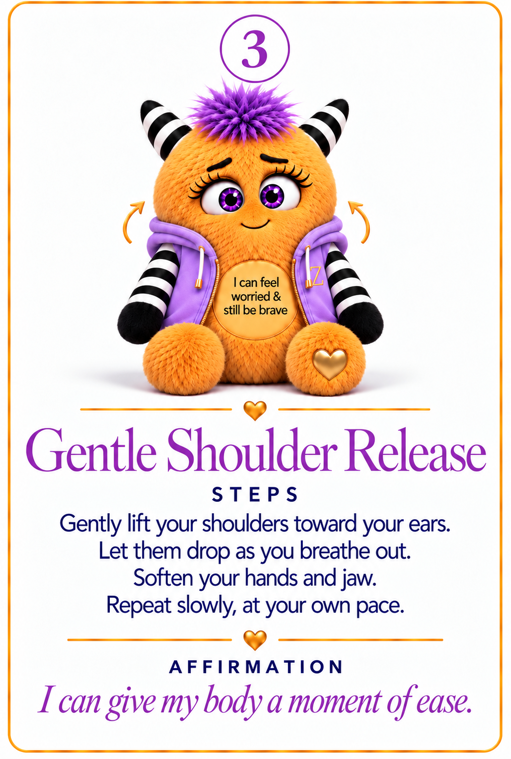 Anxious Zinki sample card 3: Gentle Shoulder Release, with activity steps and affirmation