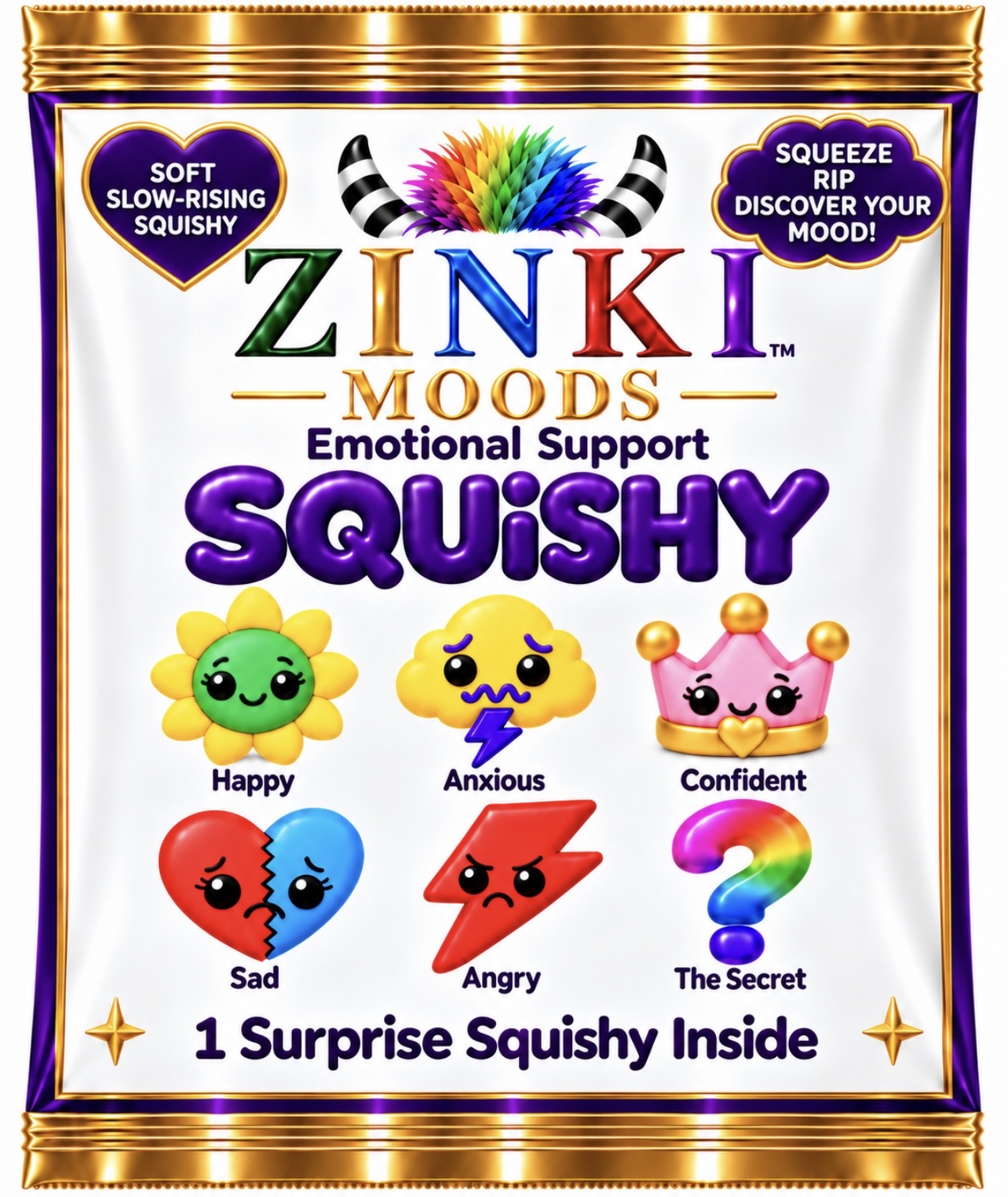 Zinki Moods Emotional Support Squishy surprise bag in purple, white and gold, featuring Happy, Anxious, Confident, Sad, Angry and the Secret