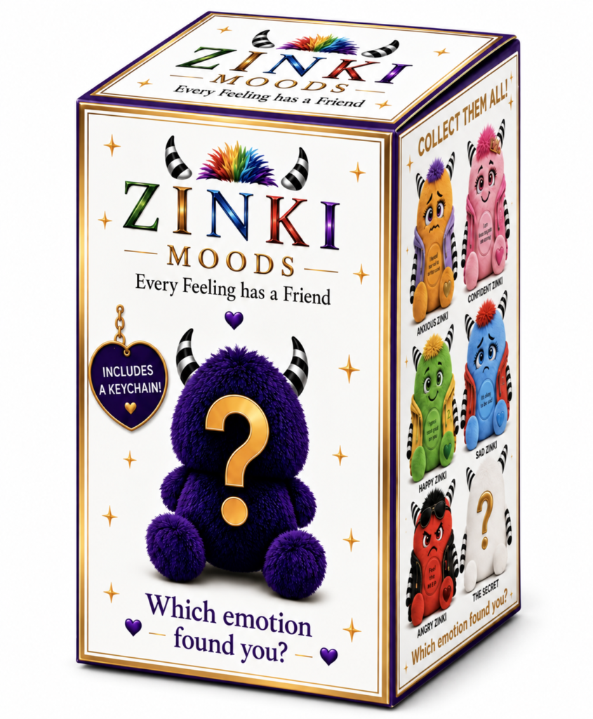 Zinki Moods Mystery Box with a purple mystery friend and a golden question mark