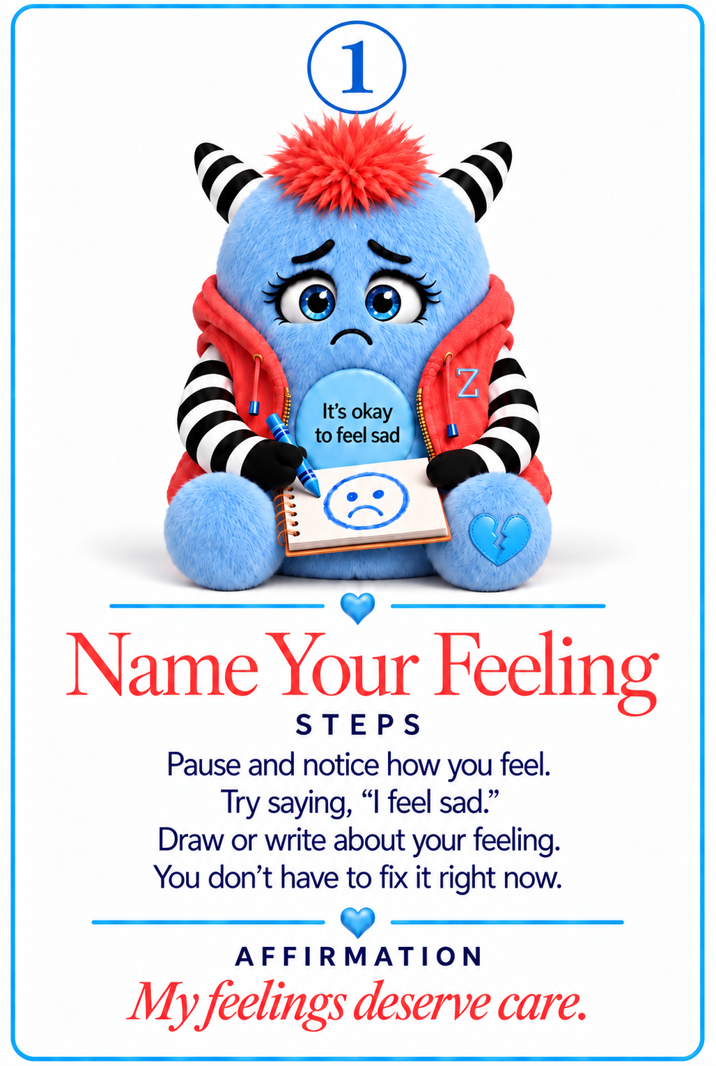 Sad Zinki sample card 1: Name Your Feeling, with activity steps and affirmation