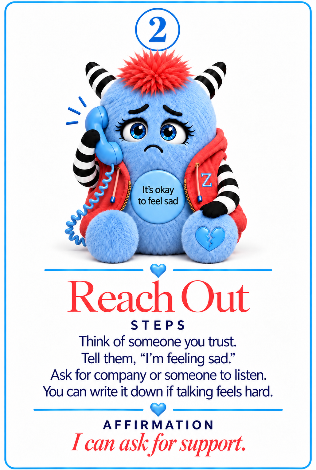 Sad Zinki sample card 2: Reach Out, with activity steps and affirmation