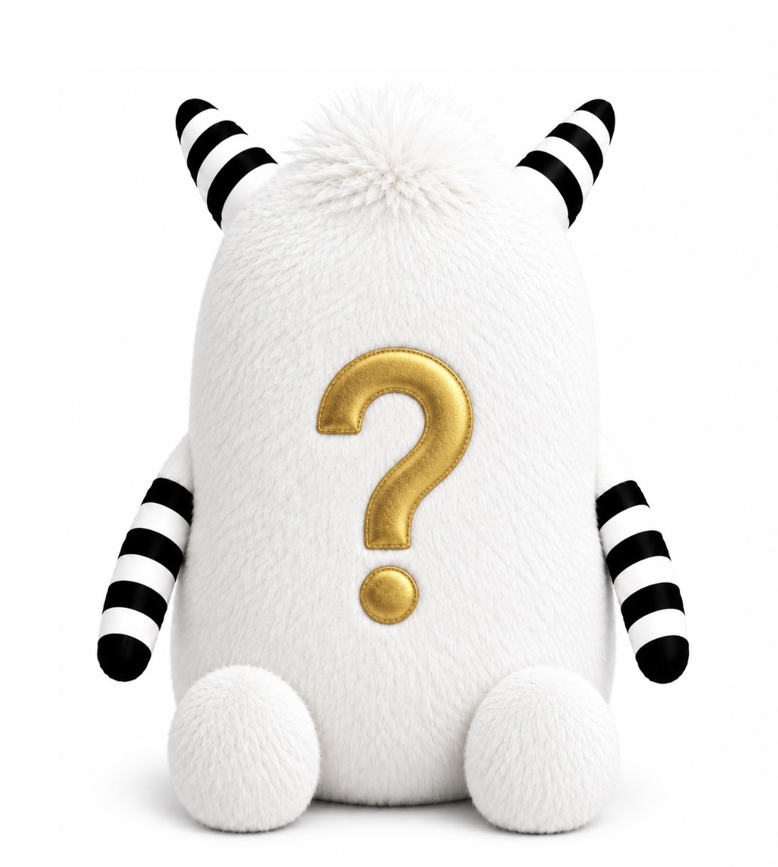 the Secret Zinki, a white plush companion with black-and-white striped horns and arms and a gold question mark